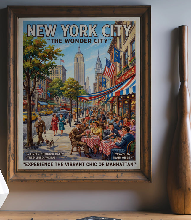 New York City poster depicts outdoor cafe scene with Empire State Building and Chrysler Building.