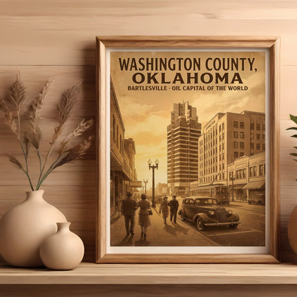 Vintage poster of Washington County, Oklahoma, street scene featuring buildings, vintage car, and streetcar.