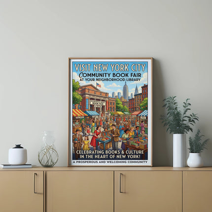 New York City Community Book Fair poster with text celebrating books and culture.