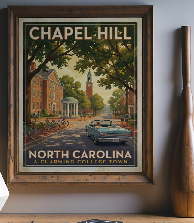 Chapel Hill North Carolina charming college town poster with vintage car and bikes.