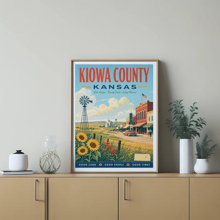 Kiowa County Kansas poster with windmill, sunflowers, and buildings.