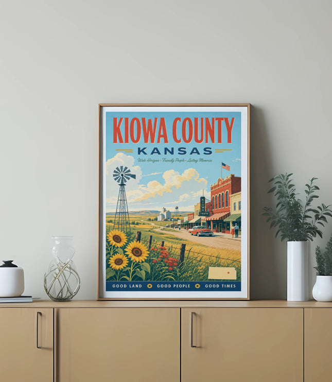 Kiowa County Kansas poster with windmill, sunflowers, and buildings.