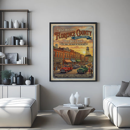Poster of Florence County, South Carolina, depicting a historic street scene with buildings and cars.