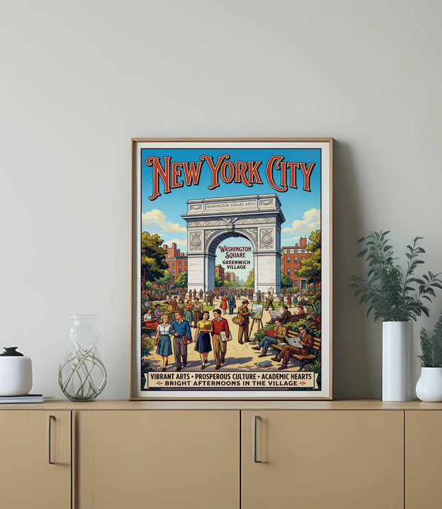 New York City poster featuring Washington Square Arch and crowds, with text.