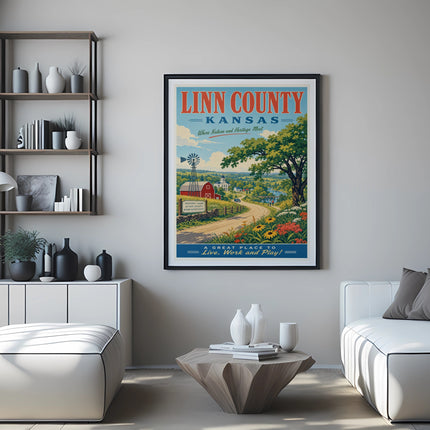 Linn County, Kansas vintage travel poster with scenic landscape and text.