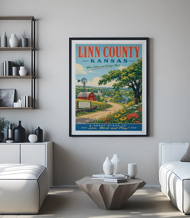 Linn County, Kansas vintage travel poster with scenic landscape and text.