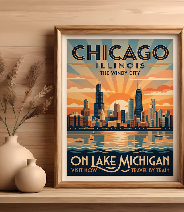 Framed Chicago skyline art with "On Lake Michigan" text and sunburst.
