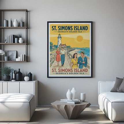 Vintage travel poster for St. Simons Island, Georgia, with couple walking on beach.