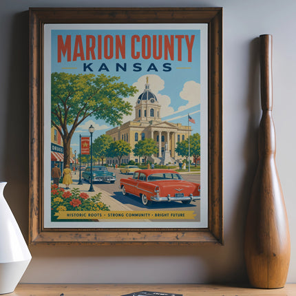 Vintage travel poster for Marion County, Kansas, featuring a courthouse and classic cars.
