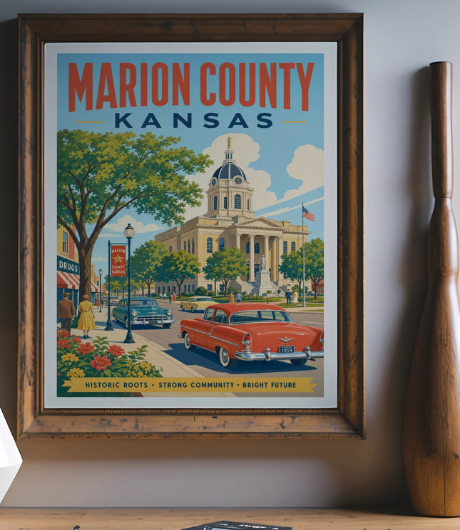 Vintage travel poster for Marion County, Kansas, featuring a courthouse and classic cars.
