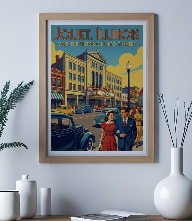 Vintage travel poster of Joliet, Illinois featuring the Rialto Theatre and classic cars.