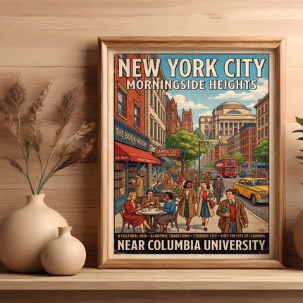 New York City Morningside Heights poster with vintage illustration and text.