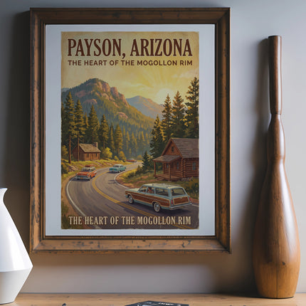 Vintage poster of Payson, Arizona, featuring cars on a mountain road.