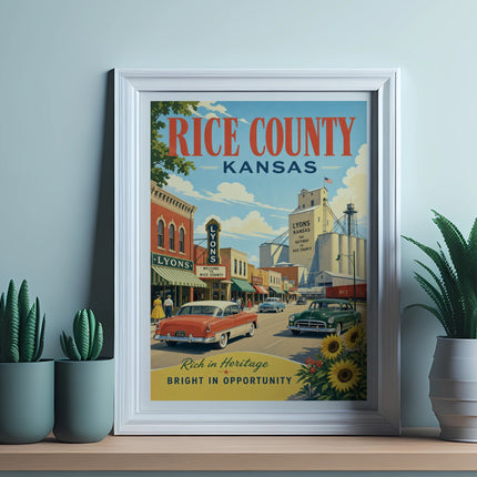 Vintage Rice County Kansas poster with a 1950s car and buildings.
