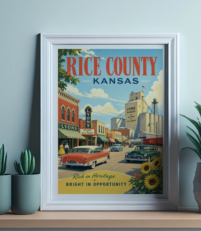 Vintage Rice County Kansas poster with a 1950s car and buildings.