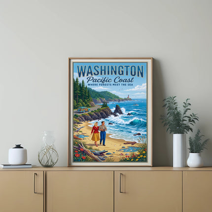 Vintage poster depicting Washington's Pacific Coast with a couple on the beach.