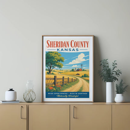 Vintage travel poster for Sheridan County, Kansas with a rural landscape.