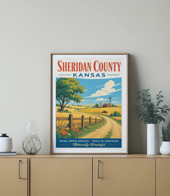 Vintage travel poster for Sheridan County, Kansas with a rural landscape.
