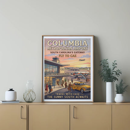 Retro art print of Columbia Metropolitan Airport with text "Fly to CAE" and "The Sunny South Awaits".