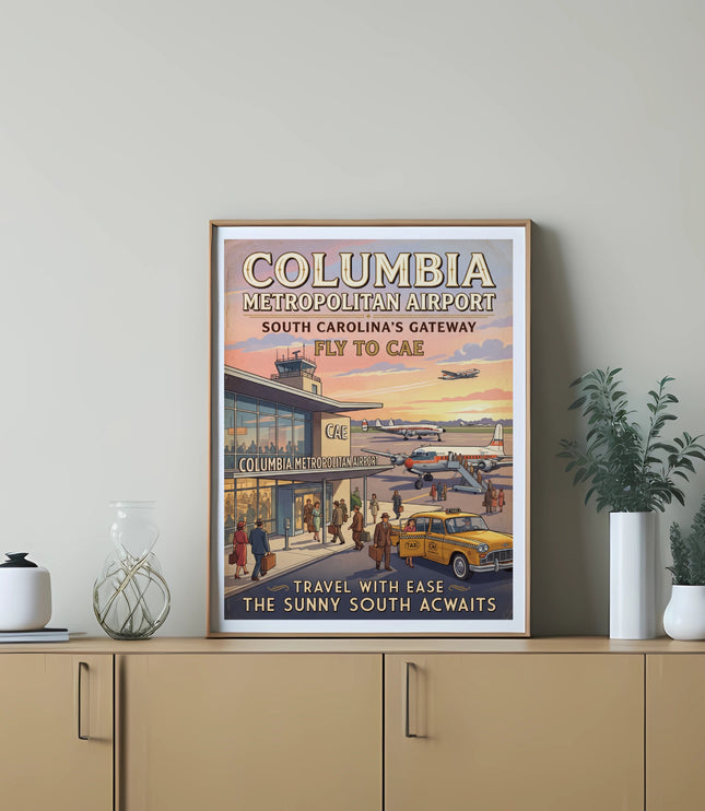 Retro art print of Columbia Metropolitan Airport with text "Fly to CAE" and "The Sunny South Awaits".