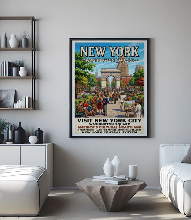 Vintage New York City poster featuring Washington Square and text about visiting.