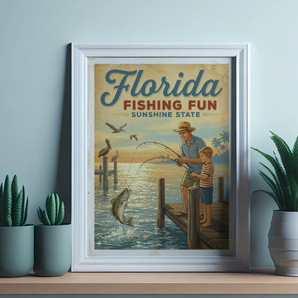 Man and boy fishing from dock, with Florida Fishing Fun text.