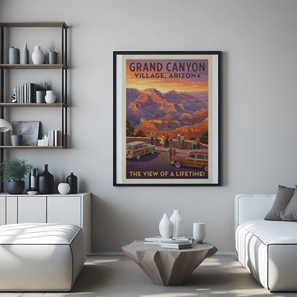 Grand Canyon Village, Arizona retro travel poster with vintage cars and people.