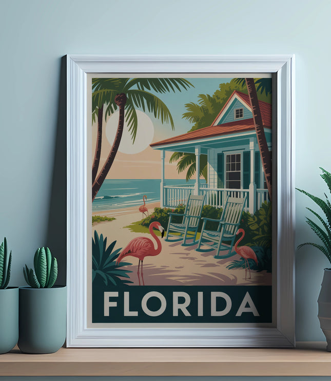 Framed Florida artwork depicts a beach scene with flamingos, palm trees, a house, and rocking chairs.