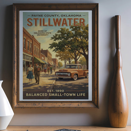 Stillwater, Oklahoma vintage travel poster with a brown truck and people.