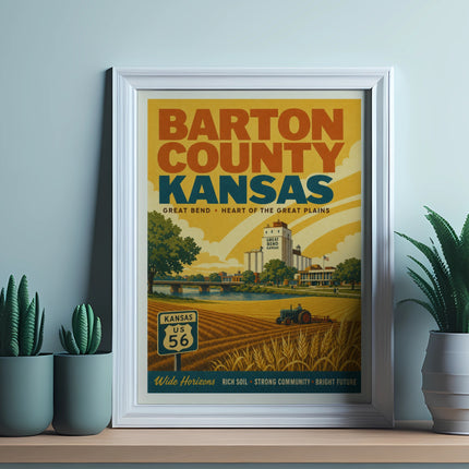 Barton County Kansas framed print with farm and highway 56 graphic.