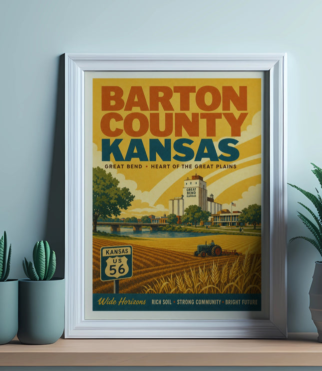 Barton County Kansas framed print with farm and highway 56 graphic.