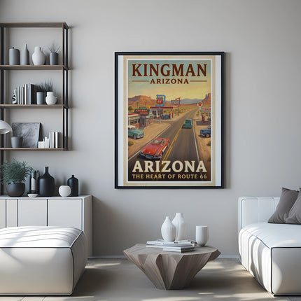 Kingman Arizona Route 66 poster hangs above a sofa and shelving unit.