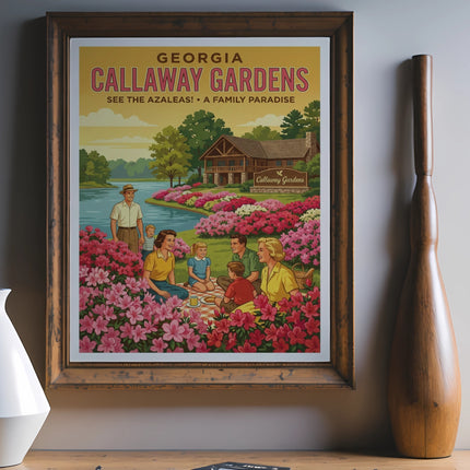 Callaway Gardens Georgia poster with families picnicking amongst azaleas.