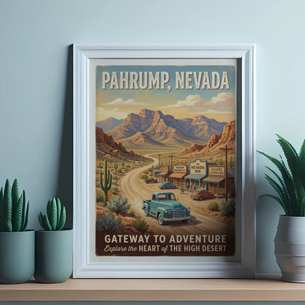 Pahrum, Nevada travel poster with desert landscape and vintage car.