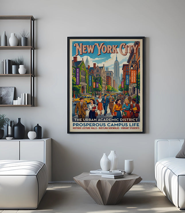 New York City vintage poster depicting an academic district with people and buildings.