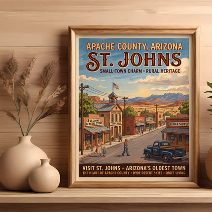 Vintage St. Johns, Arizona poster depicts small town charm, rural heritage, and desert landscapes.