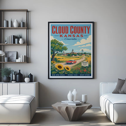 Poster for Cloud County, Kansas, featuring Concordia and a rural landscape.