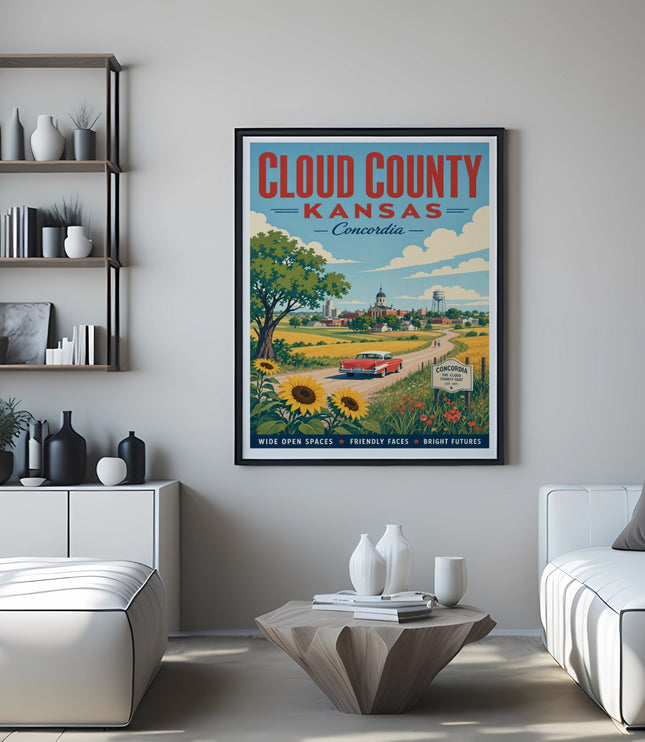 Poster for Cloud County, Kansas, featuring Concordia and a rural landscape.