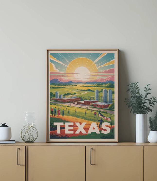 Framed Texas poster with a retro sunset over rural landscape and text "TEXAS".