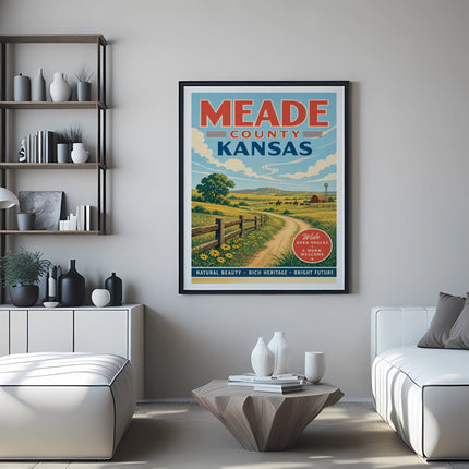 Meade County Kansas vintage travel poster with rolling hills and text.