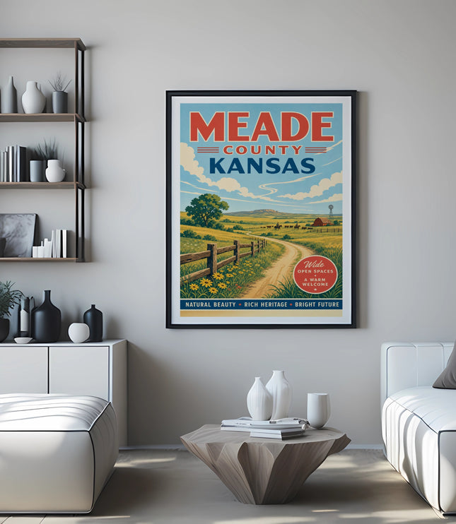 Meade County Kansas vintage travel poster with rolling hills and text.