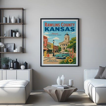 Poster of Rawlins County, Kansas courthouse square with a vintage car.