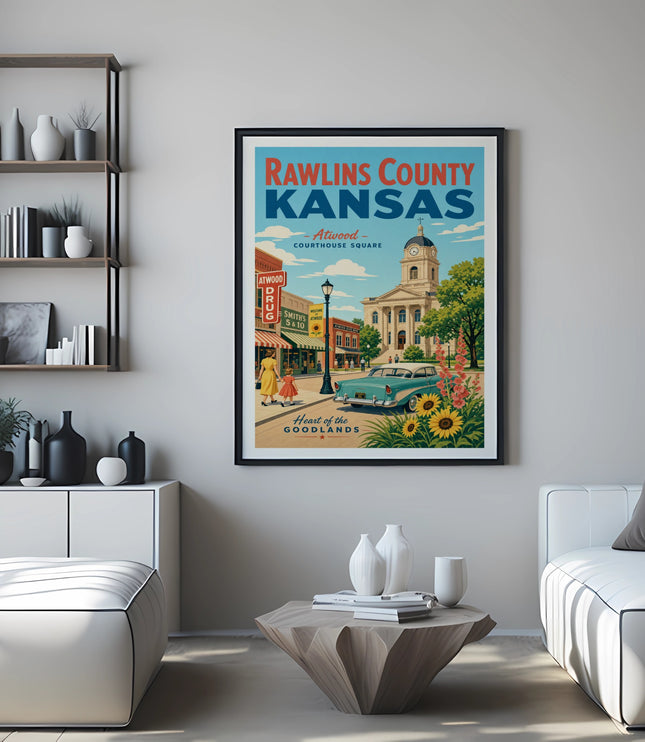 Poster of Rawlins County, Kansas courthouse square with a vintage car.
