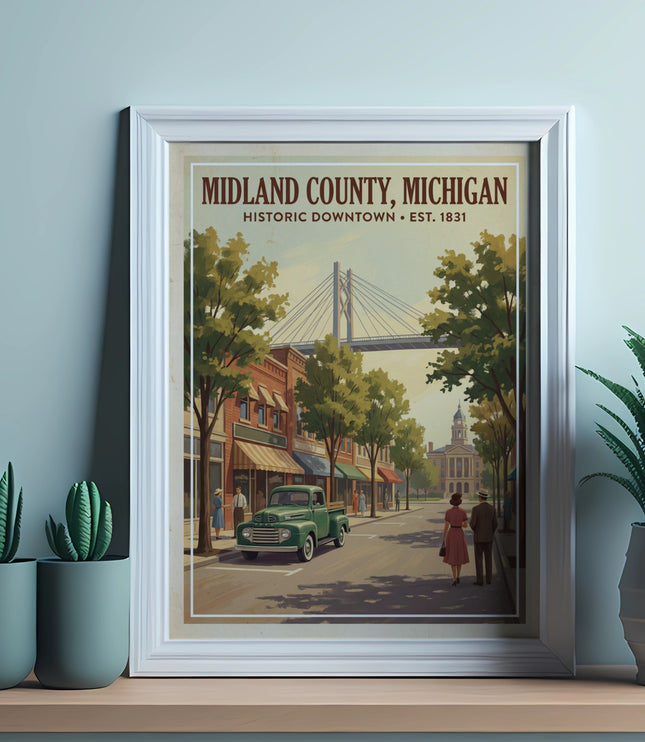 Midland County Michigan historic downtown illustration with a bridge and vintage truck.