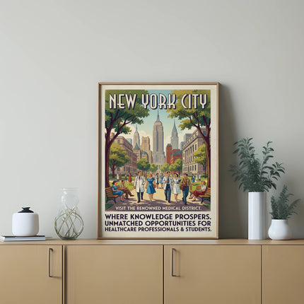 New York City poster advertising the Medical District for healthcare professionals and students.