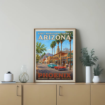 Visit Maricopa County Arizona vintage travel poster, classic cars line a street in Phoenix.