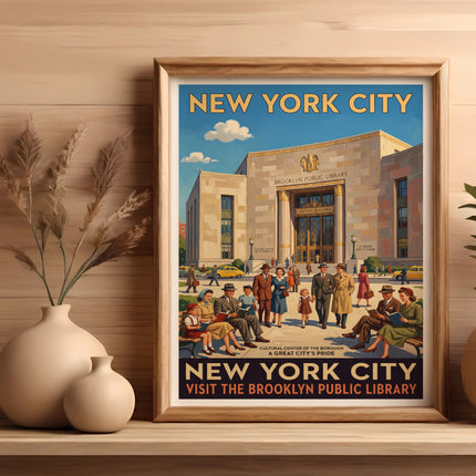 Vintage New York City poster featuring the Brooklyn Public Library building and text.