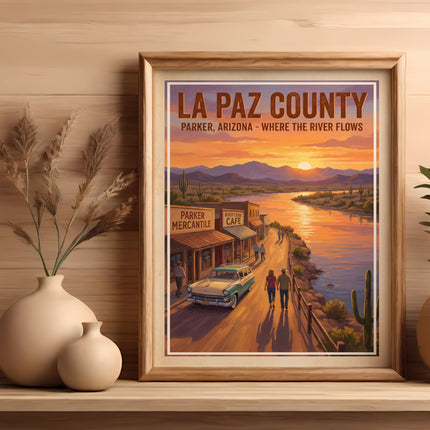 La Paz County Parker Arizona art with vintage car and river scene.