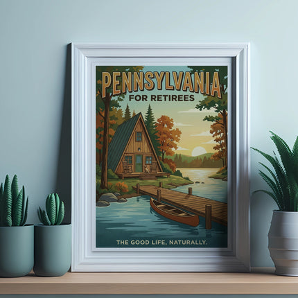 Pennsylvania for Retirees framed poster with cabin, lake, and text.