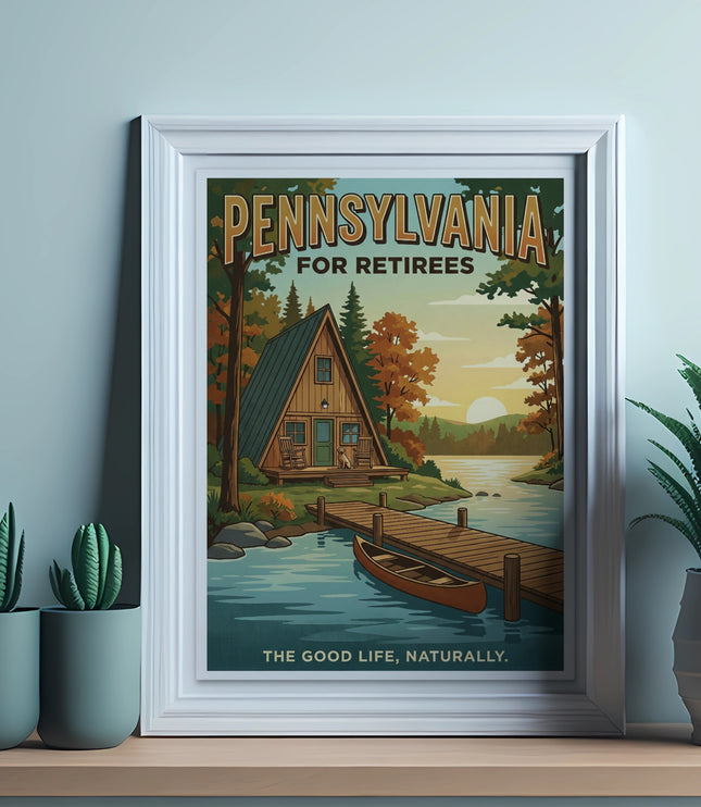 Pennsylvania for Retirees framed poster with cabin, lake, and text.